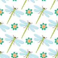 Dragonfly colorful seamless pattern. Repeating dress textile print with damselfly insects. Close up water dragonfly. vector