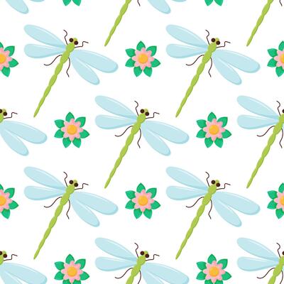 Dragonfly colorful seamless pattern. Repeating dress textile print with damselfly insects. Close up water dragonfly.