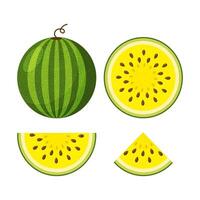 yellow watermelon icons set. Slices of watermelon and whole watermelon in a flat style. Vivid images of watermelons for various applications. vector