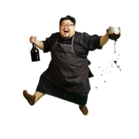 a man in a chef's outfit jumping with a bottle of wine png