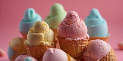 Scoops of colorful ice cream on pink background. photo