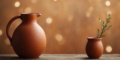 Minimalist Rustic Clay Jug on Warm Background. photo