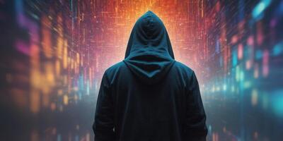 Hooded Figure Amid Futuristic Digital Landscape with Glitches and Binary Data. photo