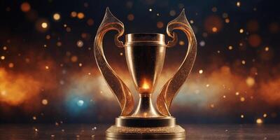 A fiery trophy surrounded by sparkling particles and a dramatic background. photo