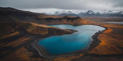 Aerial view of a moody volcanic lake in Iceland's Highlands. photo