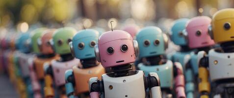 An army of robots in pastel colors on a sunny day. photo