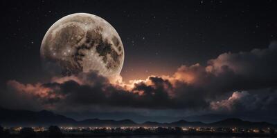amazing scenery of white glowing moon with craters in black sky with clouds at night. photo