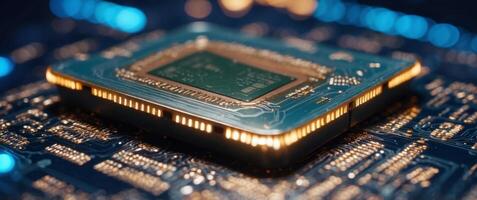Futuristic microchip processor with lights on the blue background. photo