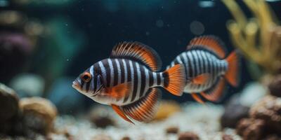 Two Striped Fish Swimming in an Aquarium. photo