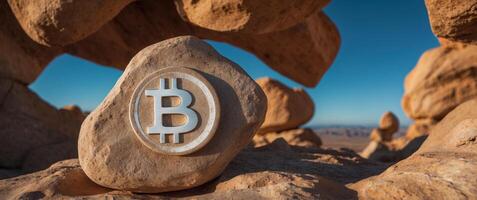 a rock formations with a bitcoin symbol in the background. photo