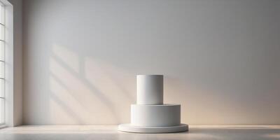 white blank empty cylinder pedestal template in front of white wall. photo