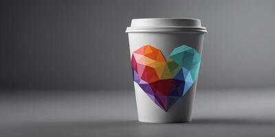 Disposable hot drink cup custom designed with crystal heart and gray background in Low Poly style. photo