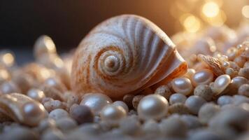 Close-up view of a shell with a pearl inside. photo