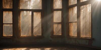 Sunlight streams through windows in a dilapidated room. photo