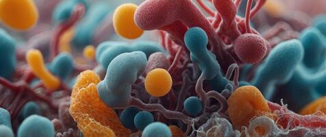 A microscopic landscape of the digestive tract teeming with bacteria of various shapes and sizes. photo