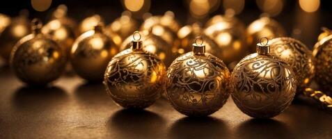 Golden color baubles on gold background with hard shadows. photo