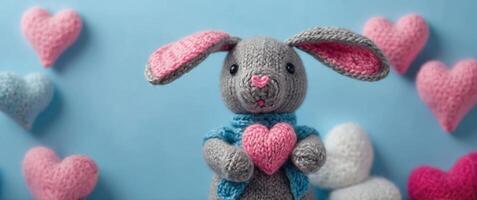 Knitted gray bunny with a crocheted pink hearts on a blue background. photo