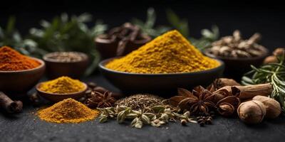 Assorted spices and herbs on a dark slate surface. photo
