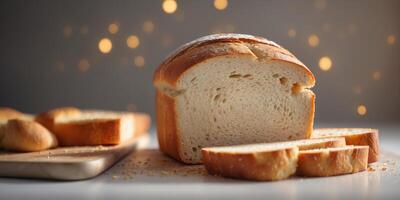 A loaf of bread atop a white table Two stacks of sliced bread nearby. photo
