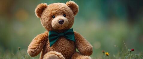 Stuffed and fluffy teddy toy bear turns and looks around on a green background. photo
