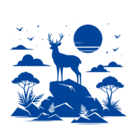 Silhouette of a Deer Standing on a Mountaintop with Trees and Birds png