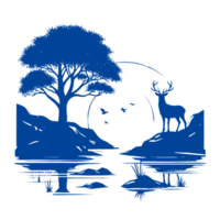 Silhouette of a Deer Standing on a Hill by a Lake with a Tree and Birds Flying in the Background png