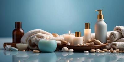 Assorted spa items arranged on a light blue background. photo
