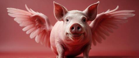 a pink pig with wings and wings on a red background with hearts. photo