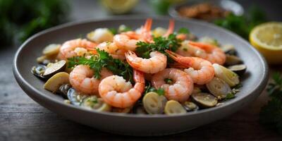 a dish of shrimp and abalone with lemon and parsley. photo