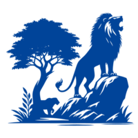 Silhouette of a Roaring Lion on a Rock with a Tree and Grass png
