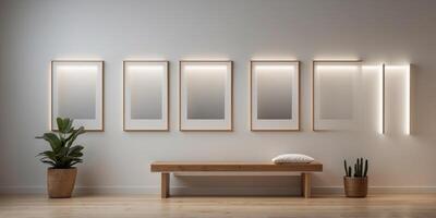 three square white frames on a white wall under soft ambient lighting with a minimalist wooden bench. photo