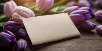 Empty paper mock-up on the table with purple tulips. photo