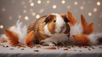 Adorable brown and white guinea pig surrounded by floating feathers. photo