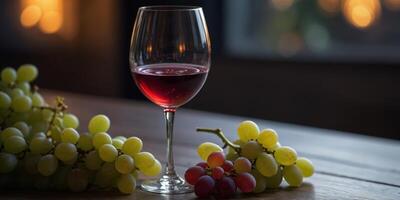 A glass of wine next to a bunch of grapes on a table. photo