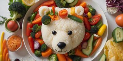 Top view of a cute bear face made of rice and vegetables on a plate, surrounded by colorful food items, creating a playful meal presentation. photo