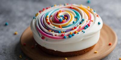 Swirl of white icing with colorful sprinkles on marble surface. photo