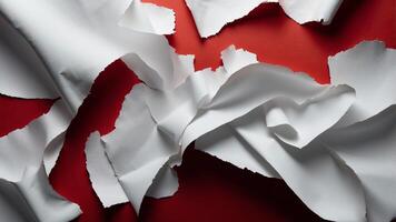 Torn white paper with ragged edges and red background Copy space. photo