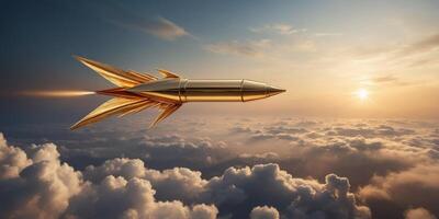 A image of a golden rocket launching from a geometric arrow in a stationary side view pose amid a sea of clouds The background shows a dawn sky alongside gentle warm colors. photo