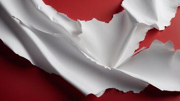 Torn white paper with ragged edges and red background Copy space. photo