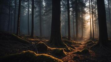 Chilling dusk and shadows on forest floor creating eerie atmosphere. photo