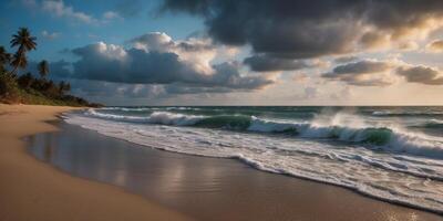 Tranquil beach scene with waves crashing onto shore under cloudy sky. photo