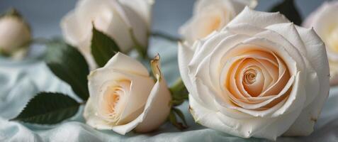 Creative background made of white rose on pastel silk sheet. photo