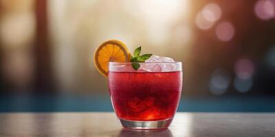 Frozen red beverage in clear cup on shiny table. photo