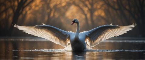 Swan with wings spread wide in a display of elegance minimalist art media by magazine. photo