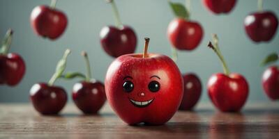 A red apple with a smiling face surrounded by two cherries. photo