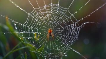Spider web covered in dew with a large spider in the center. photo