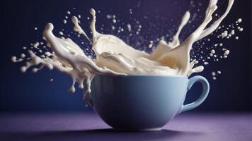 Milk cream exploding around from cup on violet blue bright pastel background. photo