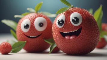Lychee character with a happy expression and green leaf on white. photo