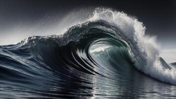 A black and silver image of a wave with a silver liquid flowing through it. photo