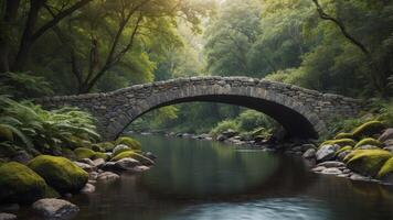 Stone bridge over tranquil creek in lush forest. photo